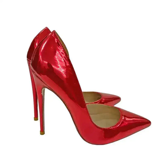 Red lacquer leather stiletto pumps with pointed toe and high heel, designed for bold and chic fashion styling.
