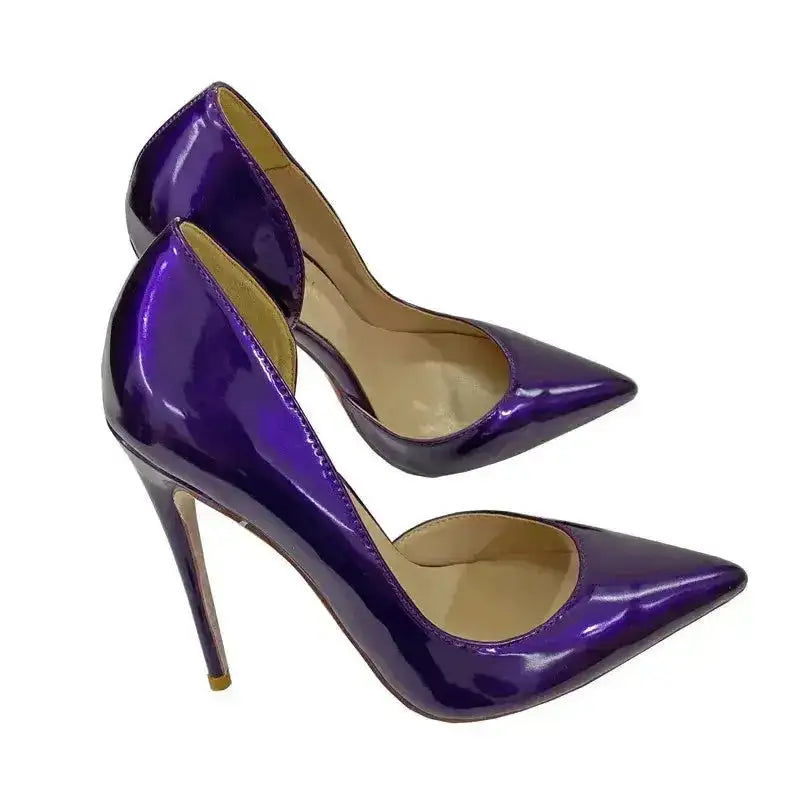 Pair of purple lacquer leather high heels with side air cut, offering a luxurious and modern pump style.