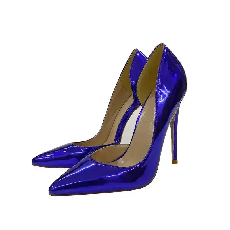 Blue lacquer leather high heels with pointed toe and side air cut, ideal for fashion-forward women's footwear.