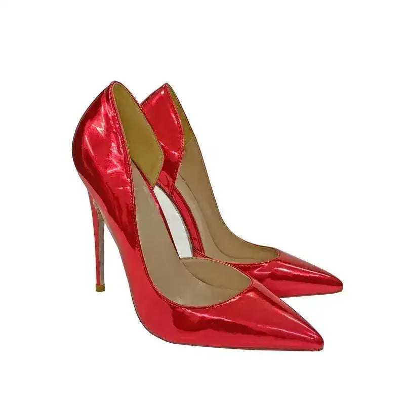 Red stiletto pumps in lacquer leather with side air design, offering a sleek and modern silhouette for formal outfits.