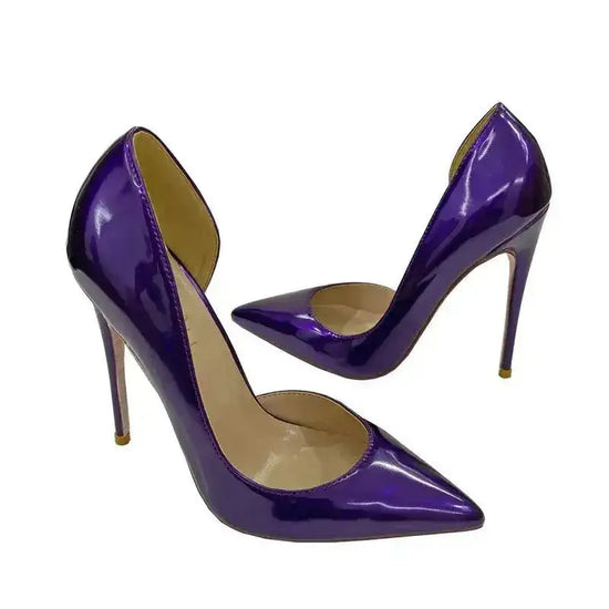 Purple lacquer leather stiletto pumps with side air cut, combining elegance and bold color for standout fashion statements.