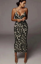 Ladies Sleeveless V-Neck Leopard Print Dress - Fashionfitz