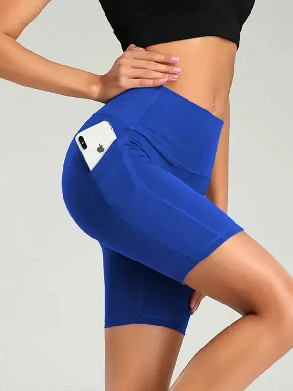 Ladies Stitching Five Point Sports Pocket Tight Fitness High Waist Hip Lifting Cycling Yoga Shorts - Fashionfitz