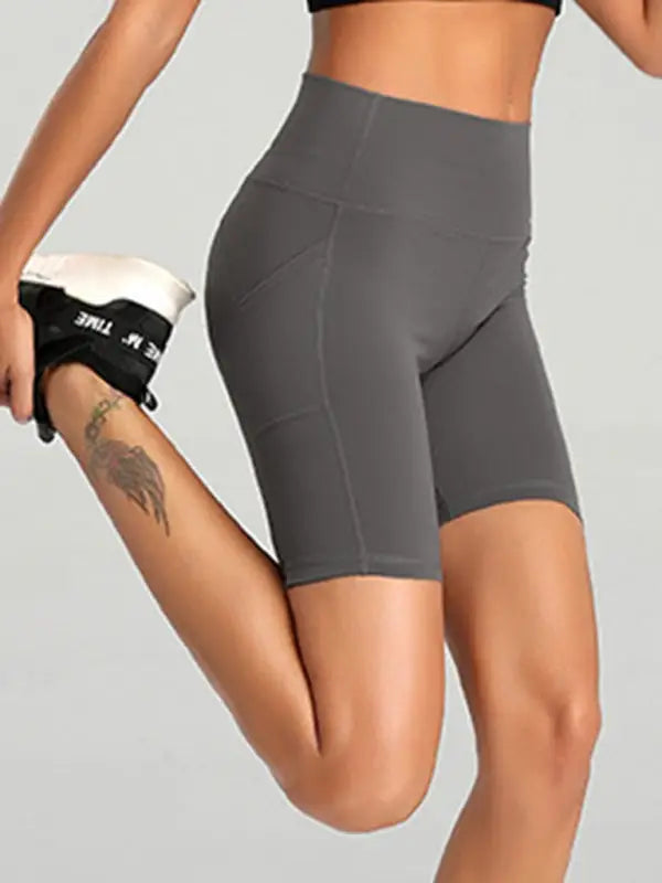 Ladies stitching five point sports pocket tight fitness high waist hip lifting cycling yoga shorts