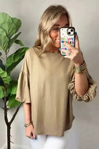 Lantern Sleeve Drop Shoulder Blouse - Light French Beige - Fashionfitz