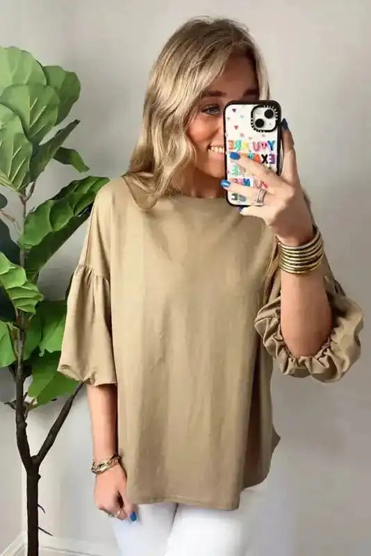 Lantern Sleeve Drop Shoulder Blouse - Light French Beige - Fashionfitz