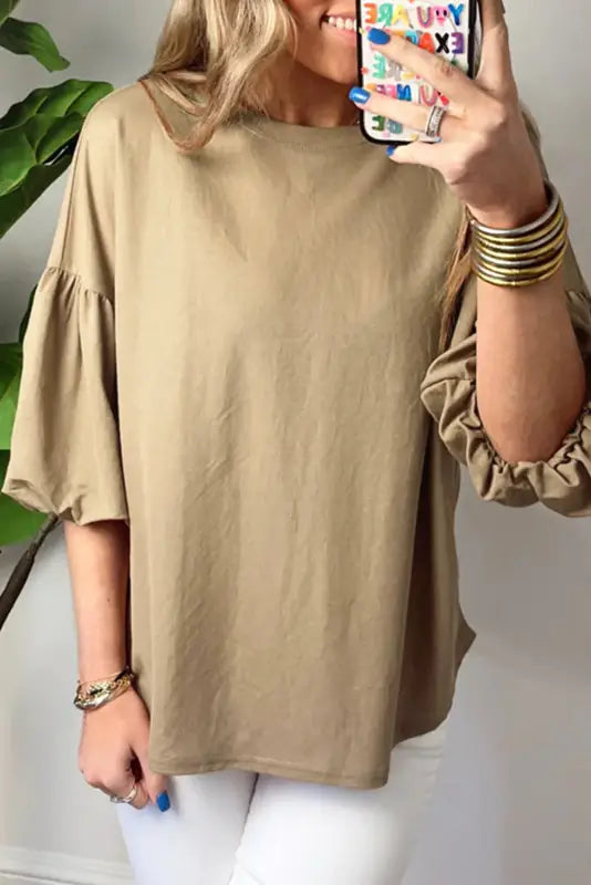 Light french beige solid color lantern sleeve drop shoulder blouse - s / 95% cotton + 5% elastane - blouses & shirts