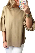Lantern Sleeve Drop Shoulder Blouse - Light French Beige - Fashionfitz