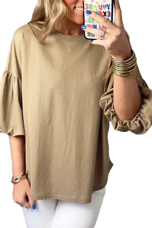 Light french beige solid color lantern sleeve drop shoulder blouse - blouses & shirts