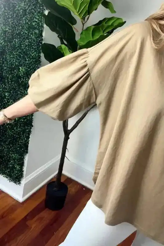 Lantern Sleeve Drop Shoulder Blouse - Light French Beige - Fashionfitz