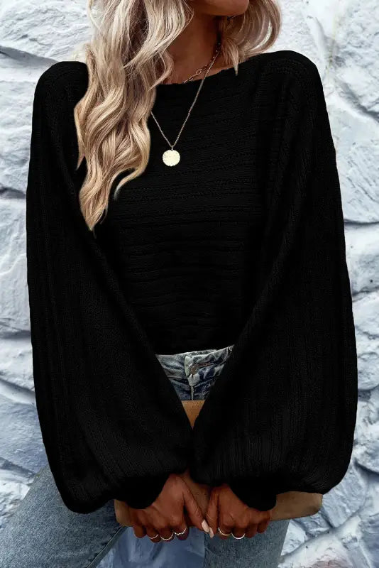 Black lantern sleeve eyelets textured knit sweater - sale