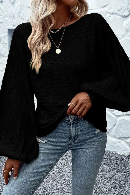 Black lantern sleeve eyelets textured knit sweater - sale