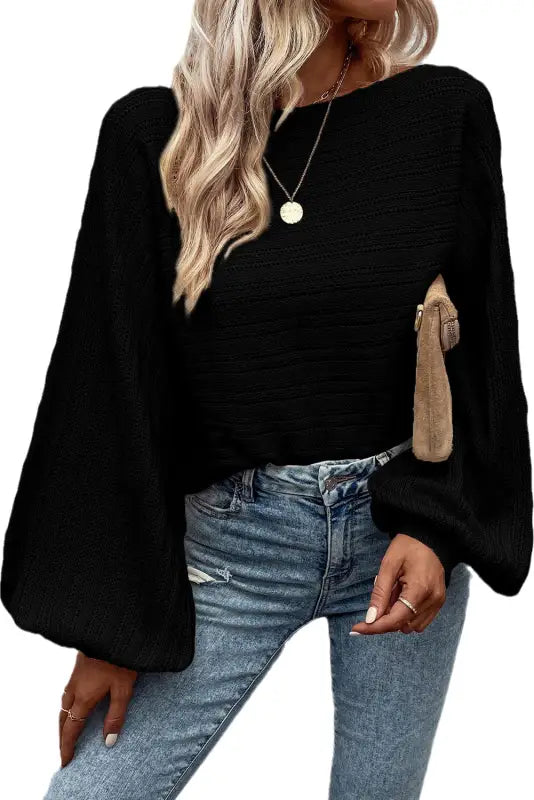 Black lantern sleeve eyelets textured knit sweater - sale