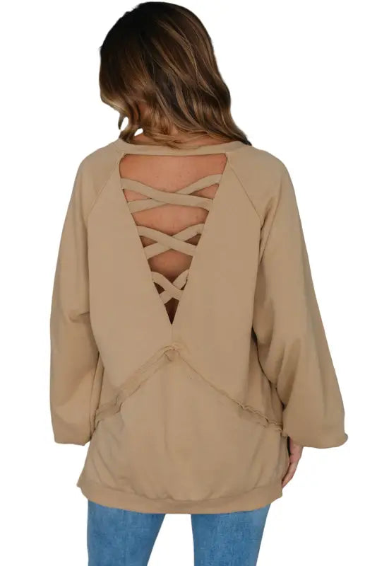 Light french beige solid color lattice hollow out back sweatshirt - sweatshirts & hoodies