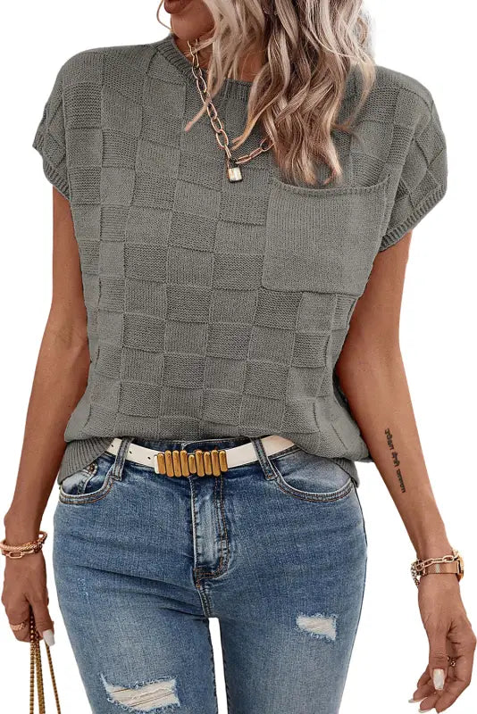 Lattice knit short sleeve sweater | fashionfitz