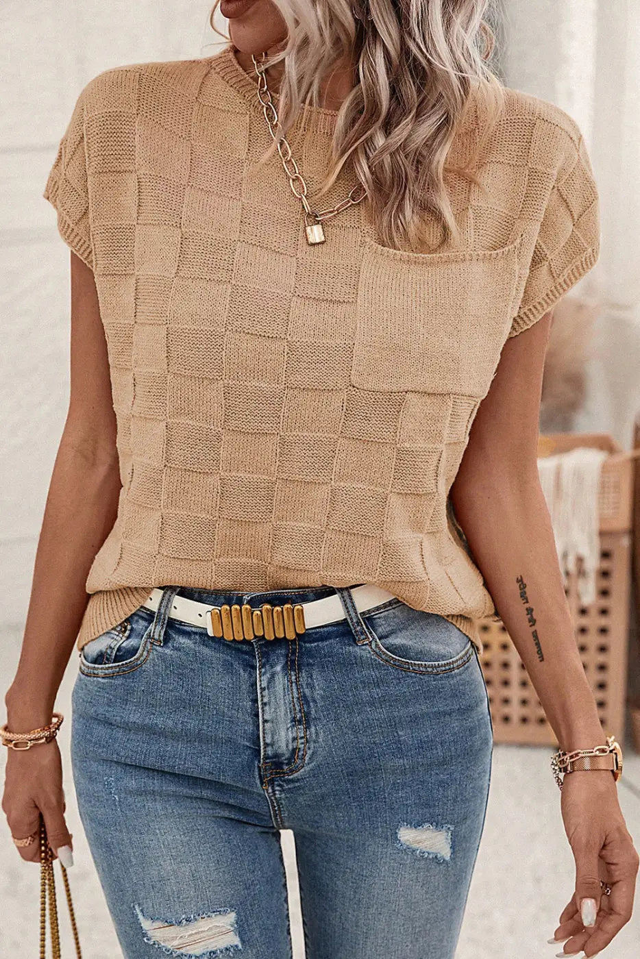 Lattice knit short sleeve sweater | fashionfitz