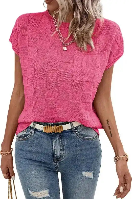 Close-up of FashionFitz pink Lattice Short Sleeve Sweater highlighting the check knit pattern and chest pocket design.