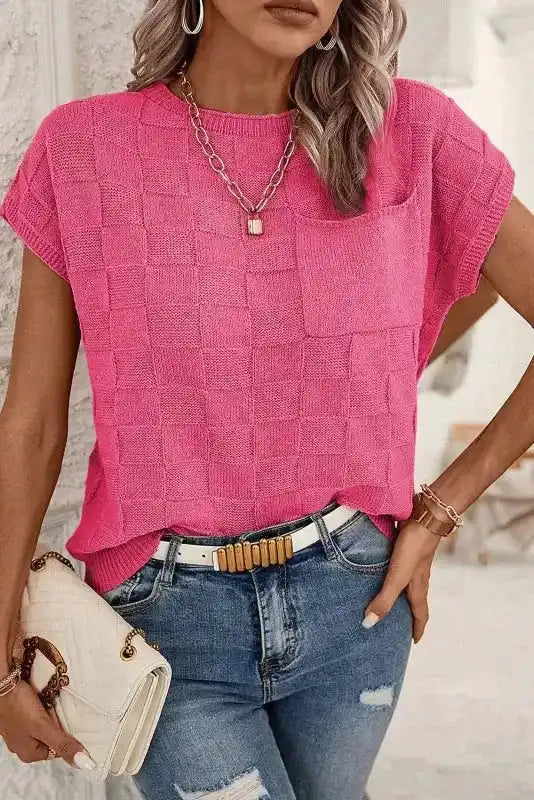 Front view of pink Lattice Short Sleeve Sweater by FashionFitz, paired with distressed jeans and gold accessories for a chic casual look.