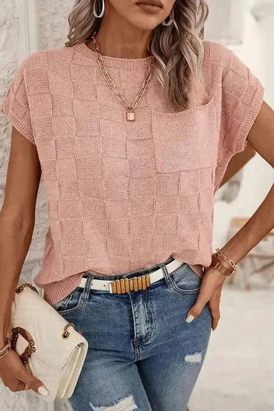 Blush pink Lattice Short Sleeve Sweater by FashionFitz shown with white handbag and distressed jeans for a chic casual outfit.
