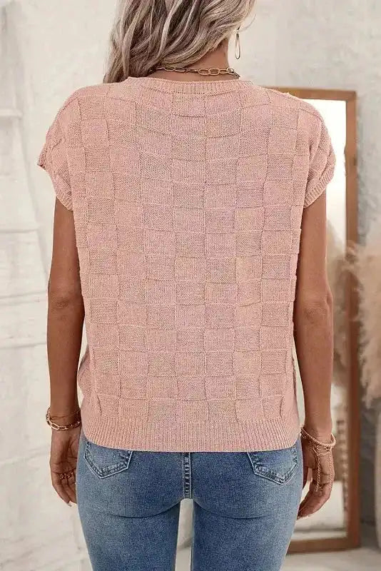 Back view of blush pink Lattice Short Sleeve Sweater from FashionFitz, highlighting the soft knit texture and relaxed fit.