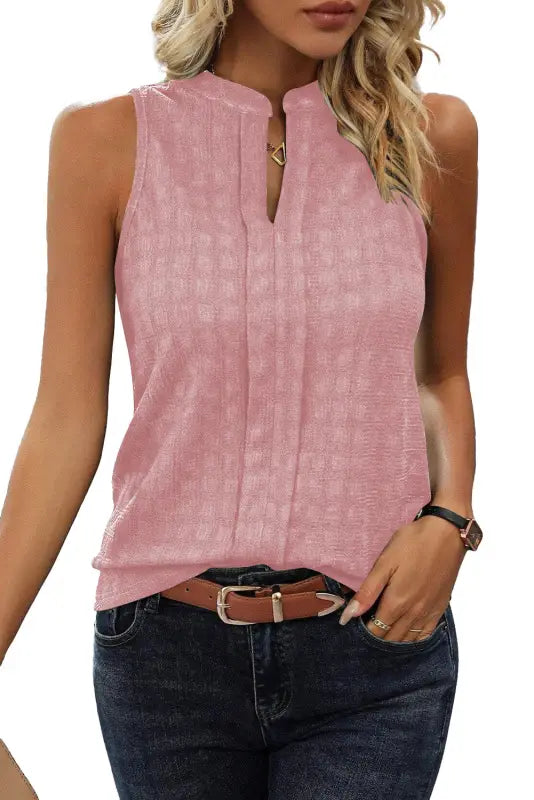 Lattice textured split neck tank top - tops