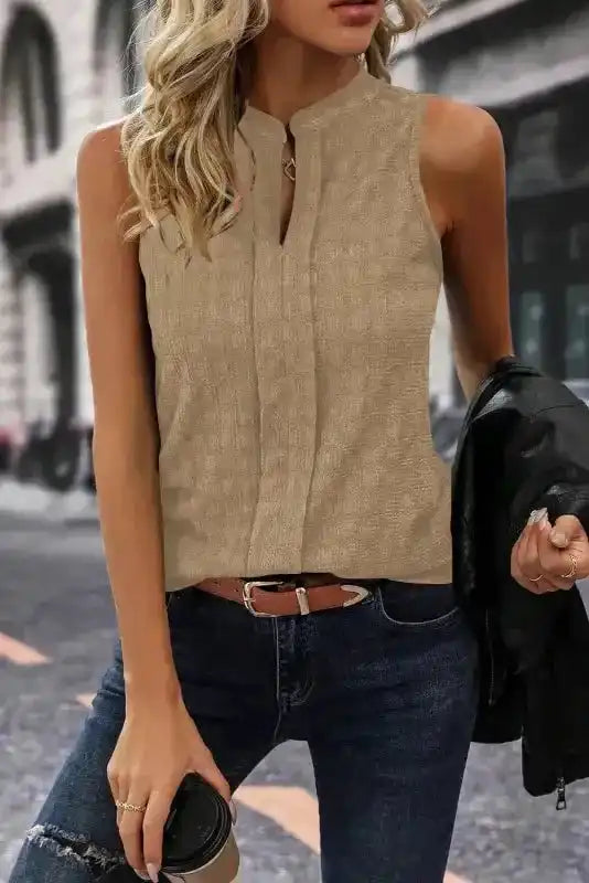 Lattice Textured Split Neck Tank Top - Fashionfitz