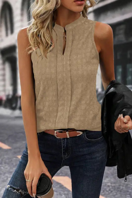 Lattice textured split neck tank top - tops