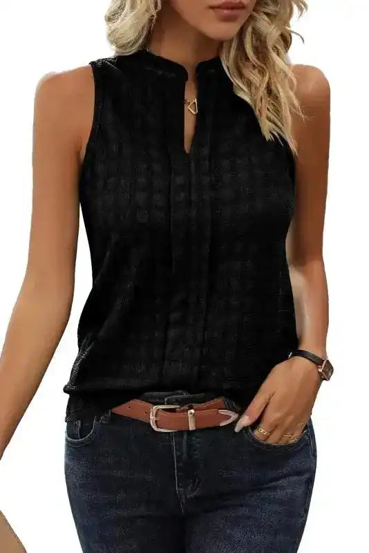 Lattice Textured Split Neck Tank Top - Fashionfitz