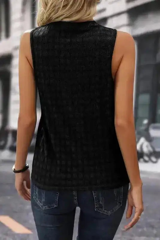 Lattice Textured Split Neck Tank Top - Fashionfitz