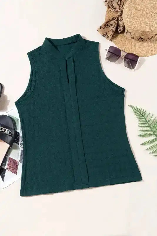 Lattice Textured Split Neck Tank Top - Fashionfitz