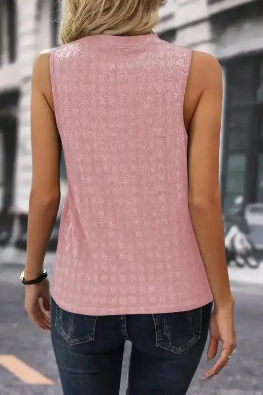 Lattice Textured Split Neck Tank Top - Fashionfitz