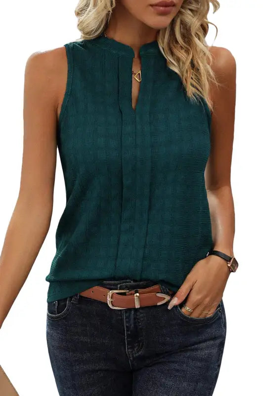 Lattice textured split neck tank top - tops