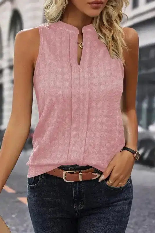 Lattice Textured Split Neck Tank Top - Fashionfitz