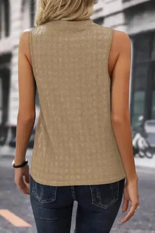 Lattice Textured Split Neck Tank Top - Fashionfitz