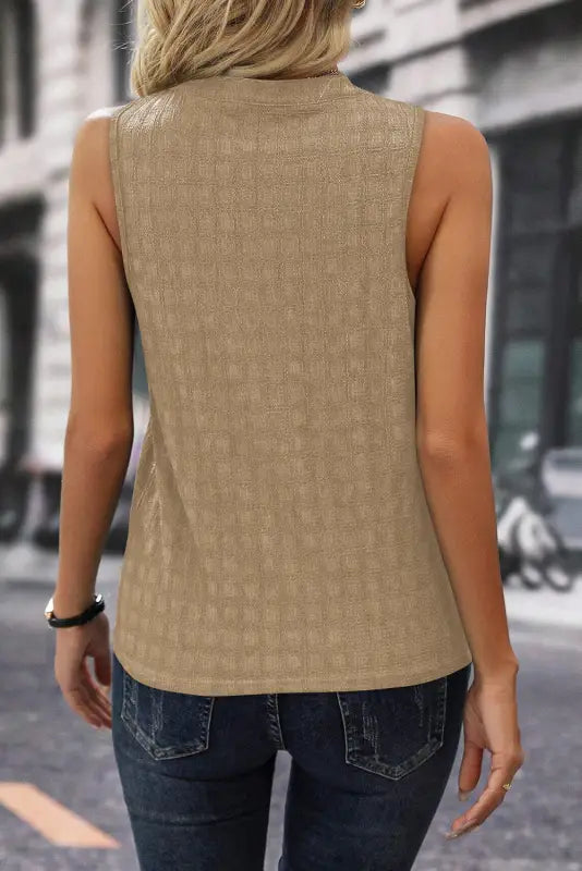 Lattice textured split neck tank top - tops