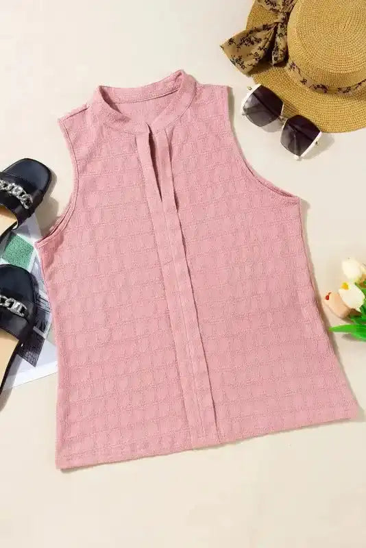 Lattice Textured Split Neck Tank Top - Fashionfitz