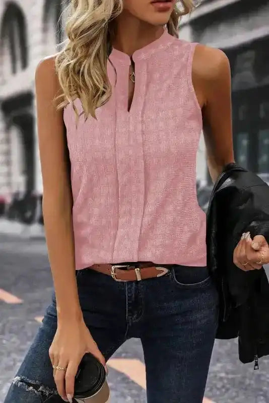 Lattice Textured Split Neck Tank Top - Fashionfitz