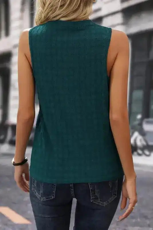Lattice Textured Split Neck Tank Top - Fashionfitz