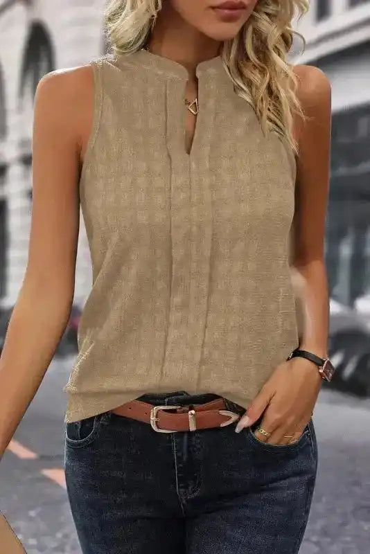 Lattice Textured Split Neck Tank Top - Fashionfitz