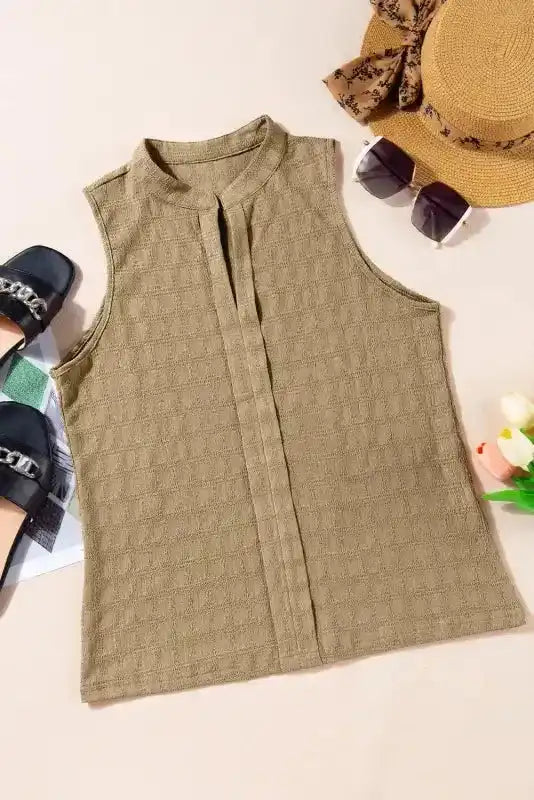 Lattice Textured Split Neck Tank Top - Fashionfitz