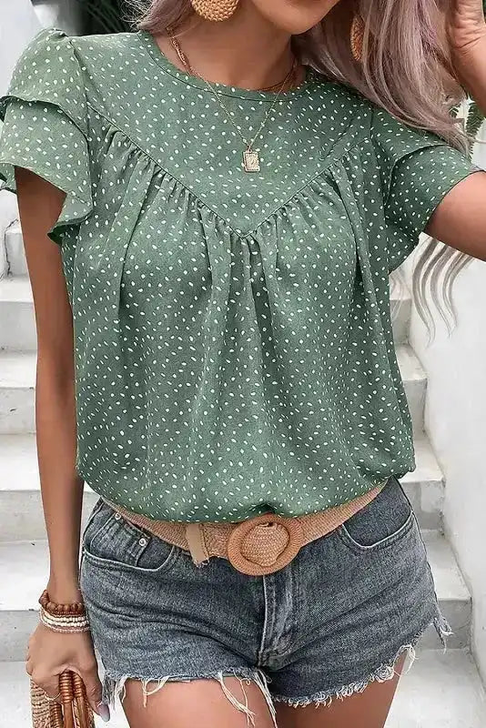 Close-up of Polka Dot Ruffle Sleeve Blouse showing ruched bodice detail and polka dot print — Fashionfitz