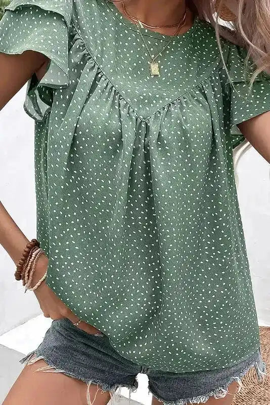 Laurel green Polka Dot Ruffle Sleeve Ruched Blouse styled as a summer casual outfit — Fashionfitz