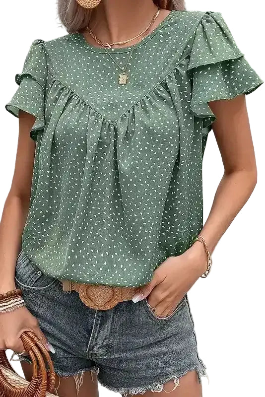 Polka Dot Ruffle Sleeve Ruched Round Neck Blouse Women UK in laurel green — front view showing ruched bodice and ruffle sleeves — Fashionfitz
