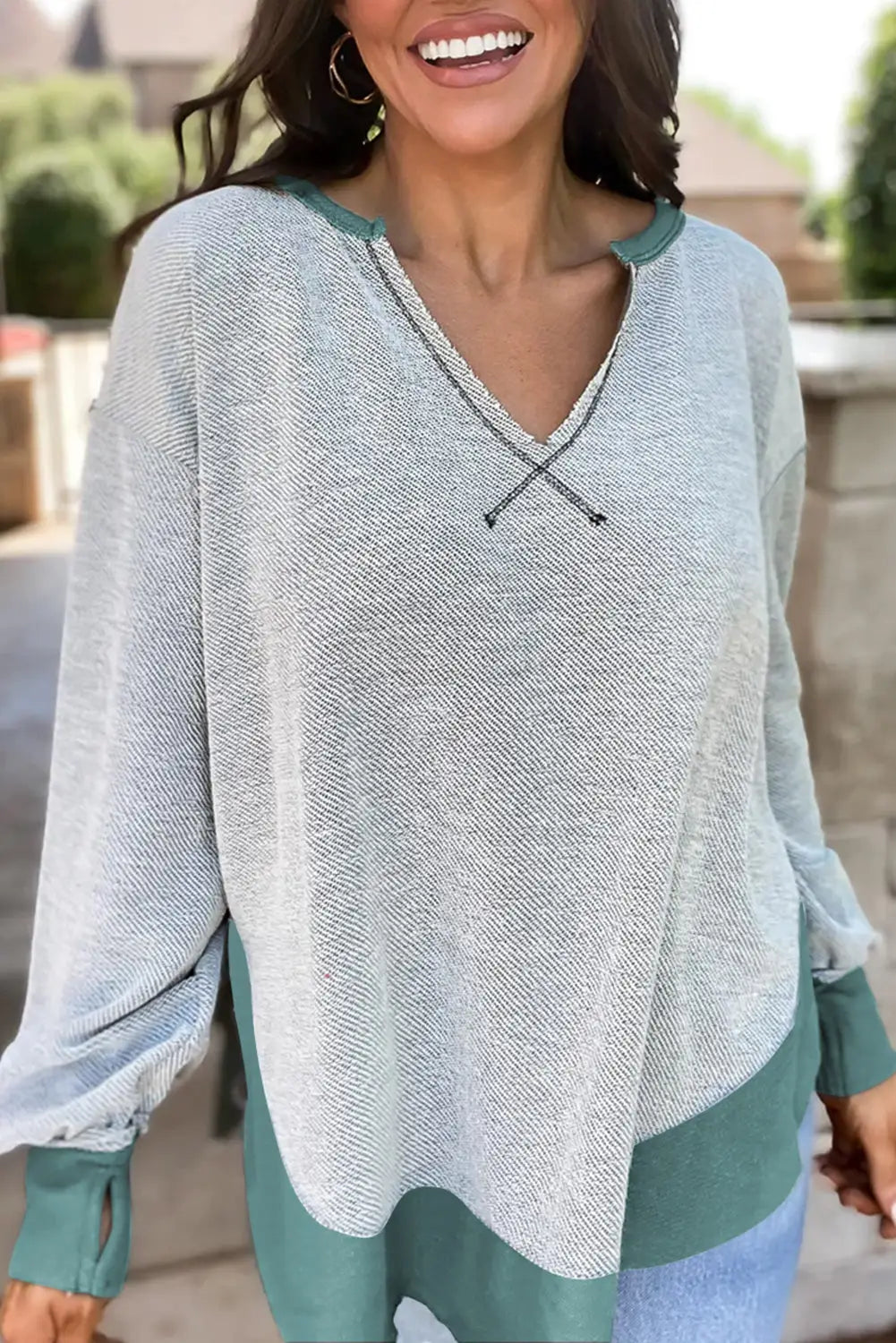 Laurel green exposed seam contrast edge notched neck sweatshirt - l 65% polyester + 35% cotton sweatshirts & hoodies