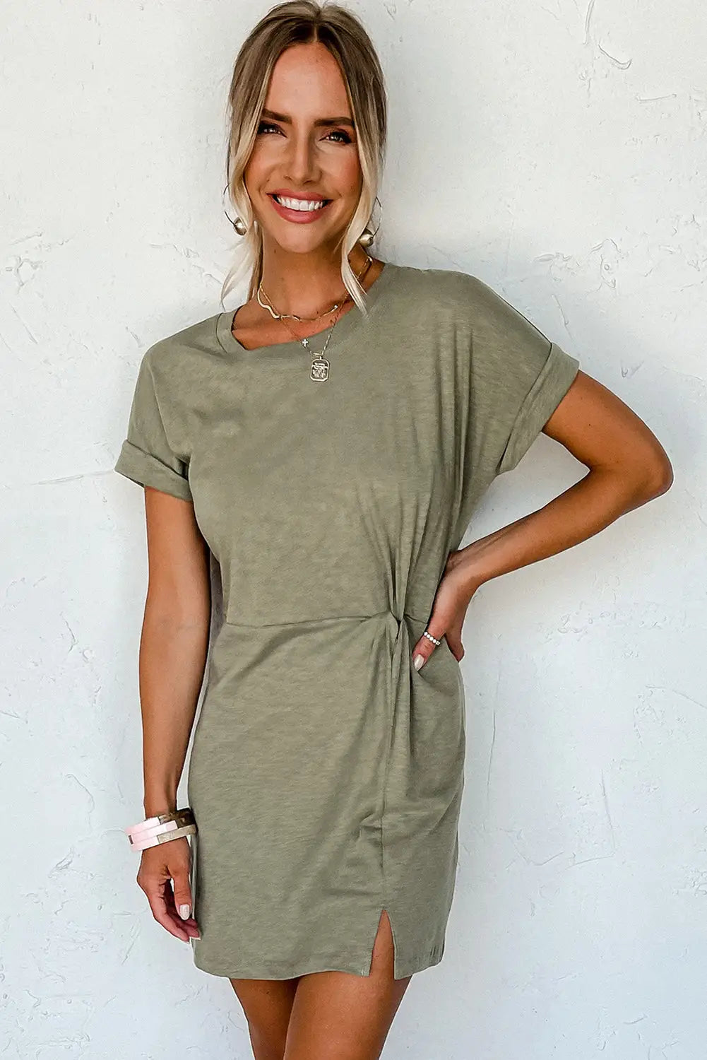 Laurel green folded sleeve twisted mini t-shirt dress - dresses