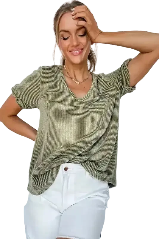 Laurel Green Twist Short Sleeve Corded V Neck Top - Fashionfitz