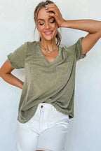 Laurel Green Twist Short Sleeve Corded V Neck Top - Fashionfitz