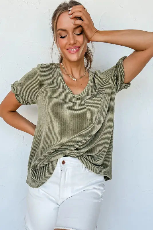 Laurel green twist short sleeve corded v neck top - tops