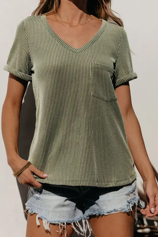 Laurel green twist short sleeve corded v neck top - tops