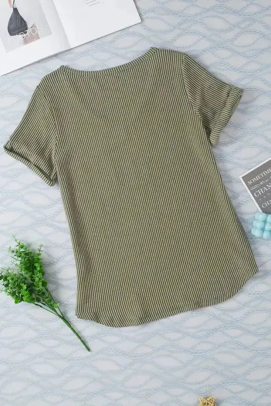 Laurel Green Twist Short Sleeve Corded V Neck Top - Fashionfitz